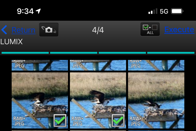 Panasonic Image app screen with black background, several squares with photos in side and directional words with very low contrast.