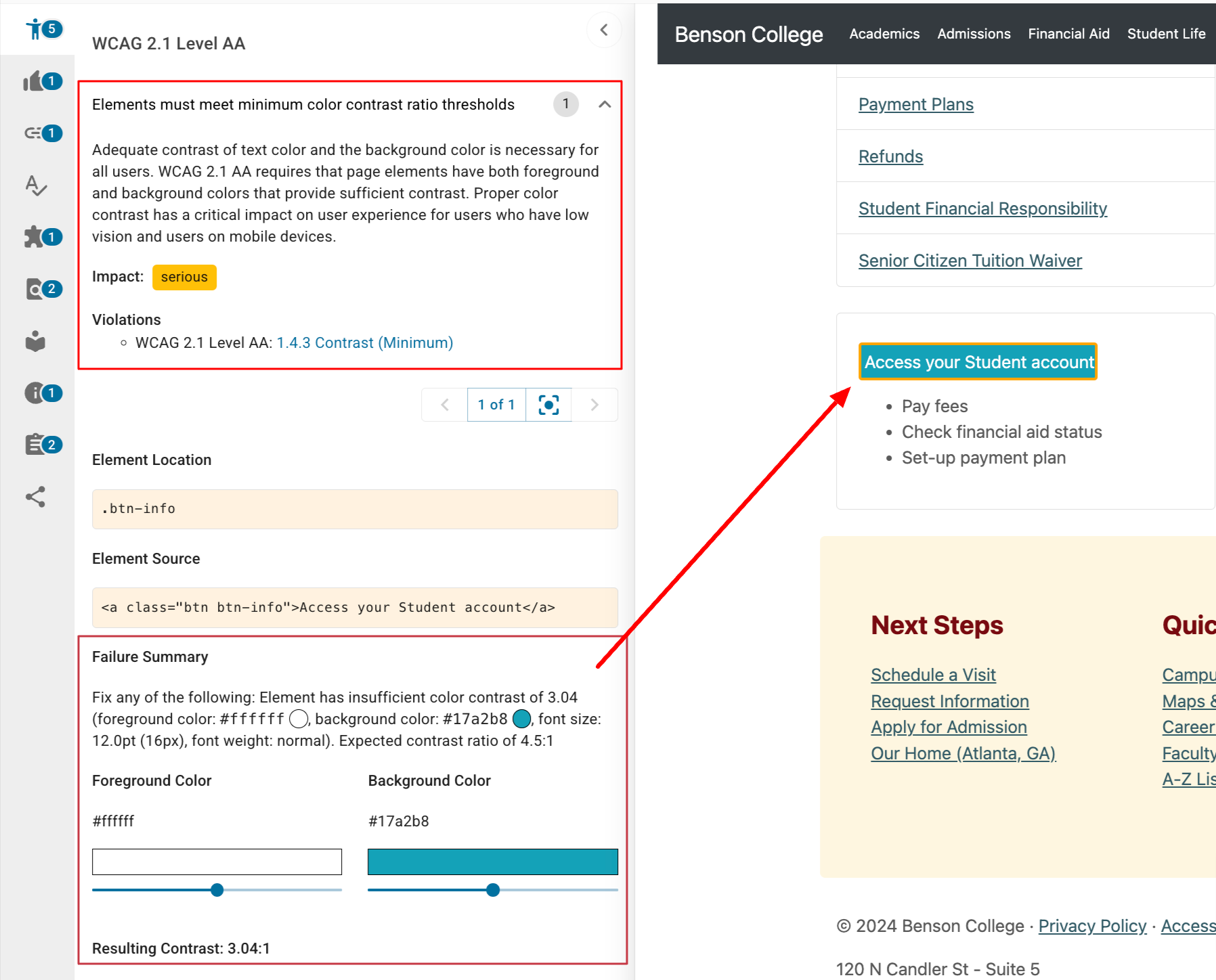 Page level report in DubBot. A red box is around the error description with is "Elements must meet minimum color contrast ration thresholds" There is a red box around the failure summary with instructions on using the interactive color sliders to find the proper contrast colors. There is also a red arrow pointing from the failure summary to the offending element on the page which is a button with a turquoise background and white text.