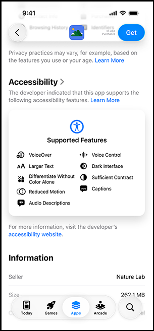 A nutrition label for in app in the Apple Store that includes Supported Features list of VoiceOver, Larger Text, Differentiate Without Color Alone, Reduced Motion, Audio Descriptions, Voice Control, Dark Interface, Sufficient Contrast, Captions.