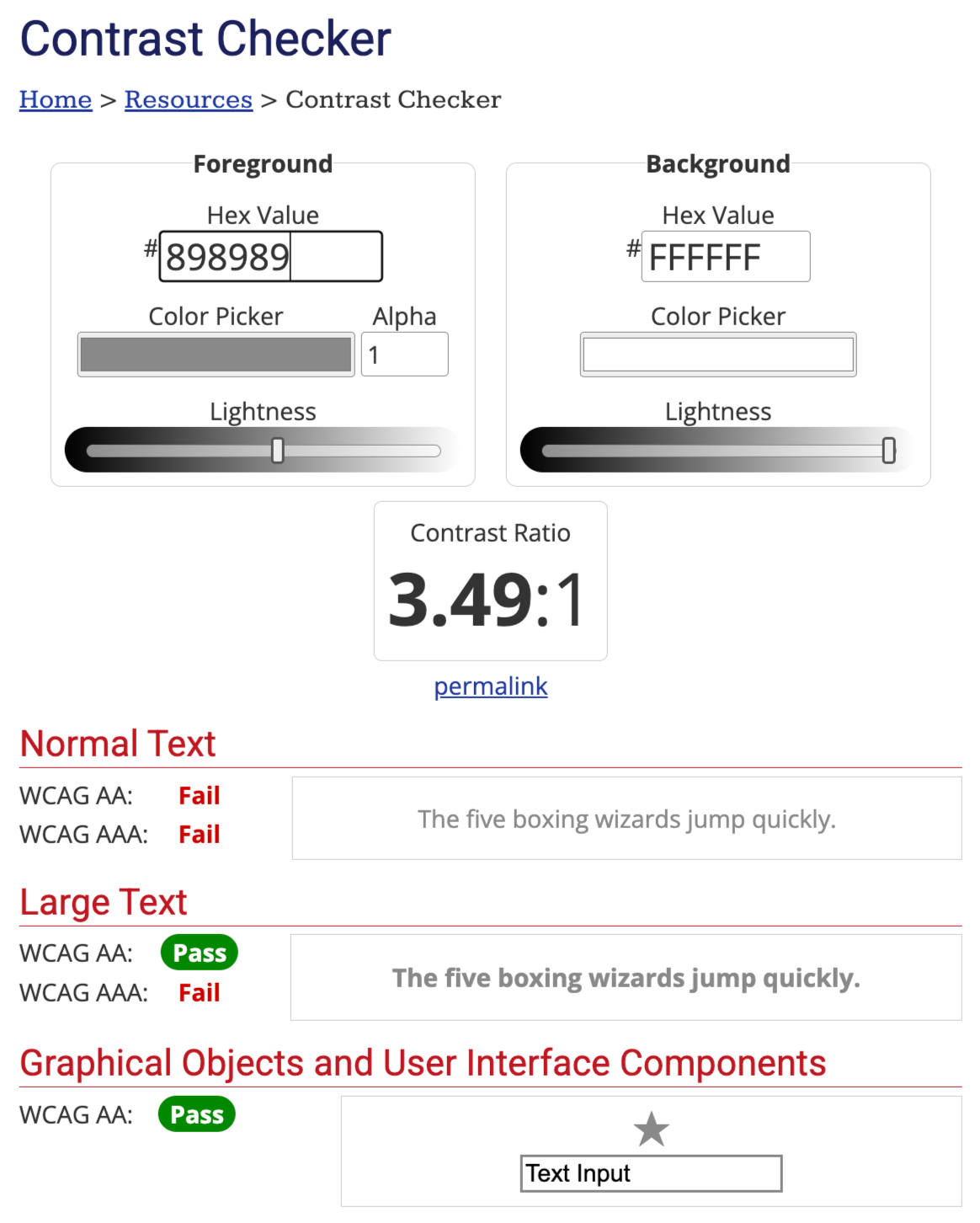 The WebAIM color contrast screen with test results for the icons I found during my testing.