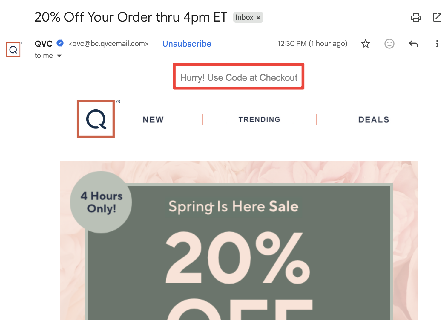A cross-section of an email from QVC where the preheader text is visible and it reads Hurry! Use Code at Checkout.