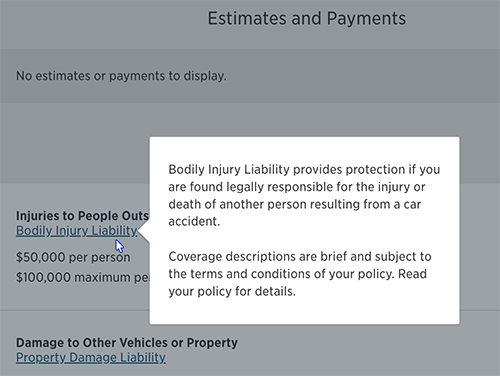 The large pop-up box is greyed out with the smaller pop-up box in white with black text. The text is the definition of Bodily Injury Liability, which is one of the insurance coverage types I have on my car.